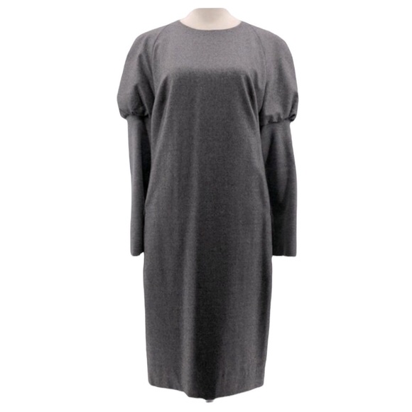 Akris Punto Grey Wool Flannel Puff Sleeve Midi Shift Dress Size 10 - Picture 1 of 11